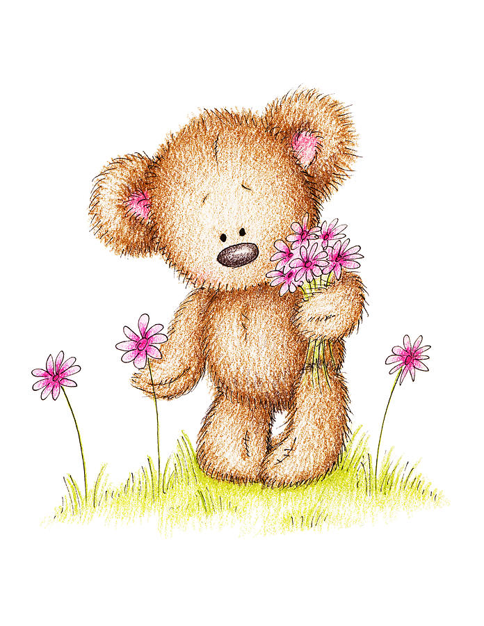 Teddy Bear With Pink Flowers Drawing by Anna Abramska