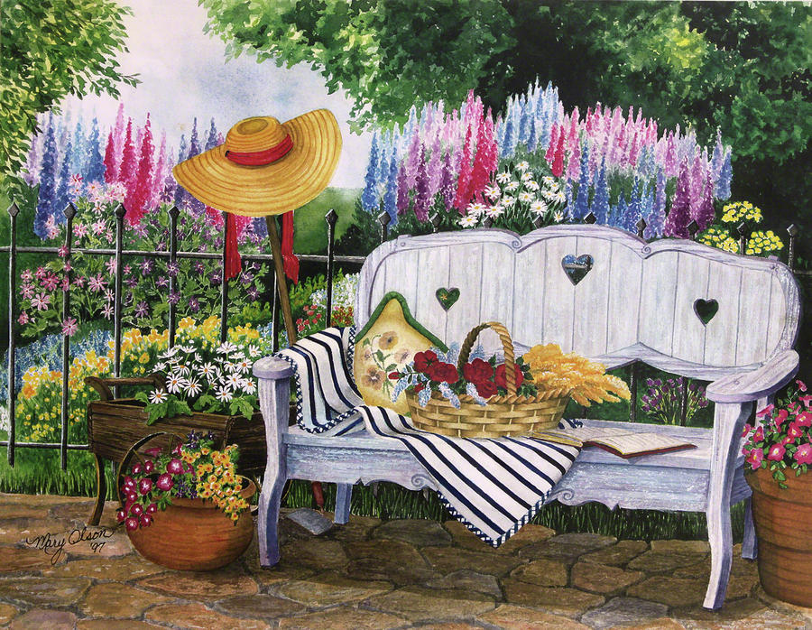 Flower Garden Paintings with Benches