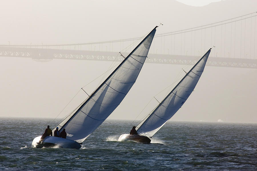 Two Sailboats Race Upwind Towards is a photograph by Skip Brown which 