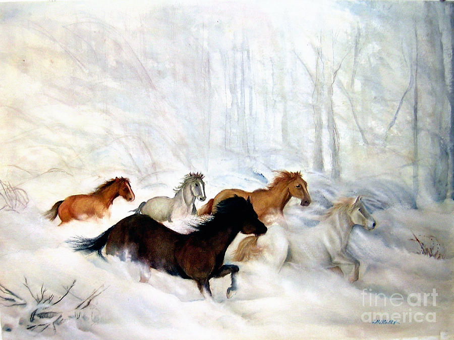 Wild Horses In Snow Painting by Lorelei Bolger