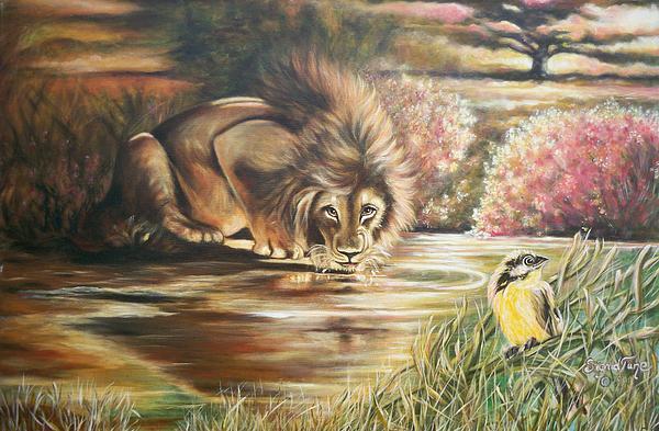 310  Lions Drinking Pond Painting  - 310  Lions Drinking Pond Fine Art Print