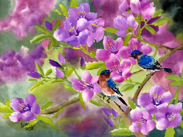 blue birds with azalea painting by eileen fong blue birds with blue birds 600x449