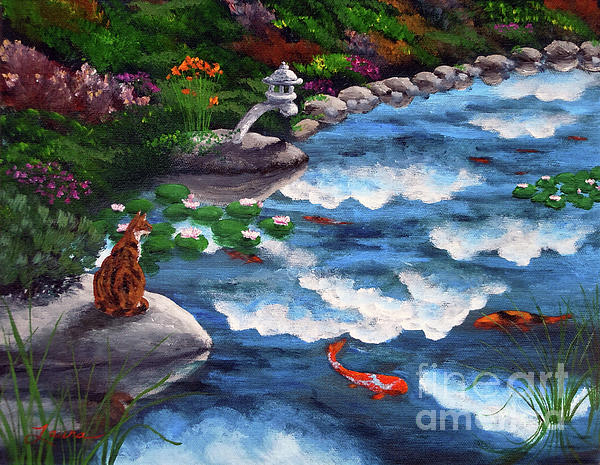  - calico-cat-at-koi-pond-laura-iverson