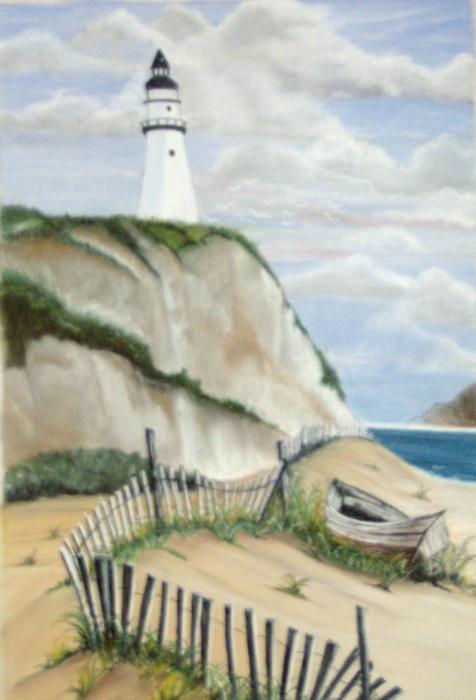 lighthouse with abandoned boat