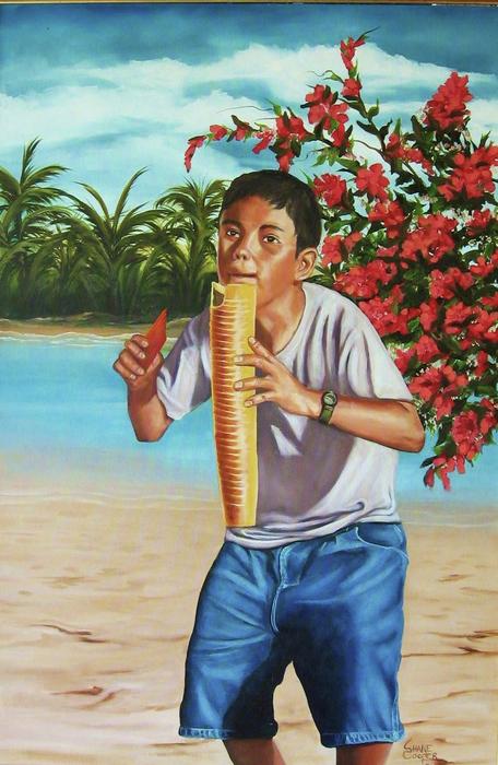Mexican Boy with woodwind Instrument Painting Shane Cooper