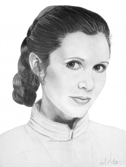 She is portrayed by actress Carrie Fisher in Star Wars Episode IV A New 