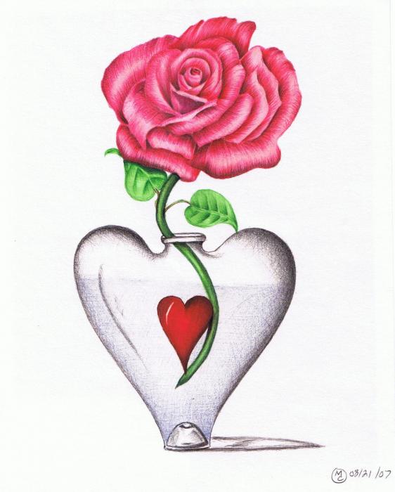 Rose In Heart Vase Drawing Michael Cameron