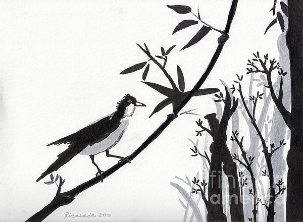 Zen Sumi Bird 1a Black Ink on Watercolor Paper by Ricardos Drawing Zen