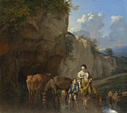 Famous Artists - A Woman and a Boy with Animals at a Ford by Karel Dujardin