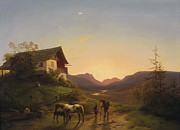 Famous Artists - Evening mood in front of a wide landscape with horses by Ignaz Raffalt 