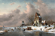 Leickert - Numerous skaters near a koek en zopie on a frozen waterway by a mansion by Charles Leickert