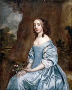 Famous Artists - Portrait of a Lady in Blue holding a Flower by Peter Lely