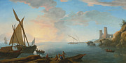 Famous Artists - Southern Mediterranean Seascape with Boats and Figures at Sunset by Adrien Manglard