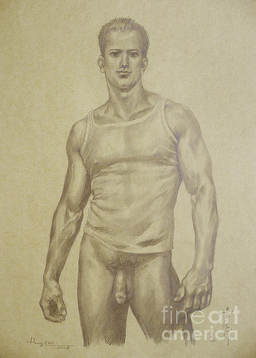 Original Artwork Drawing Male Nude Man On Paper Beach Towel