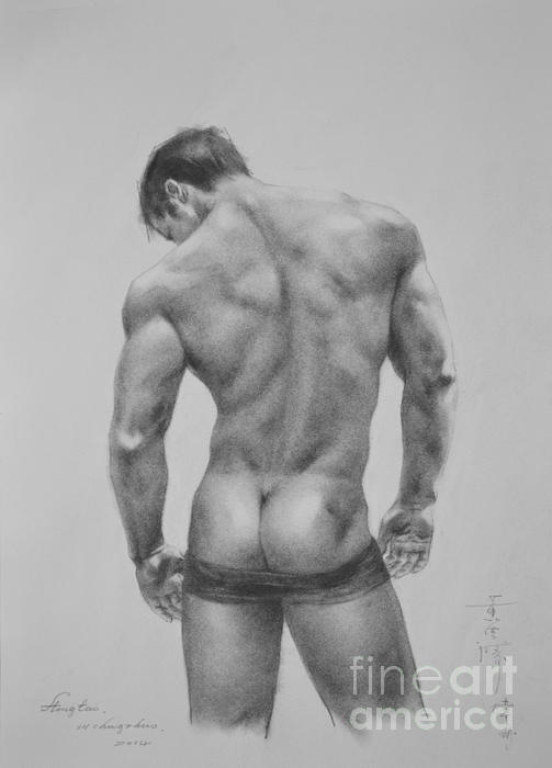 Original Drawing Sketch Charcoal Male Nude Gay Man Body Art Pencil On