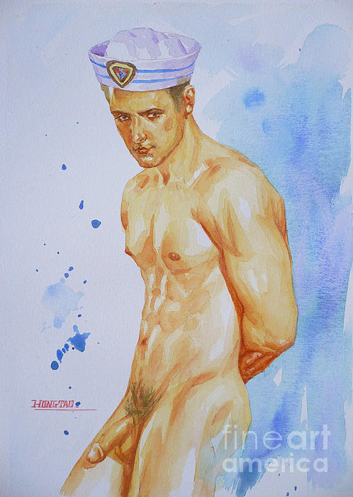 Original Watercolor Painting Art Male Nude Men Gay Interest Sailor On