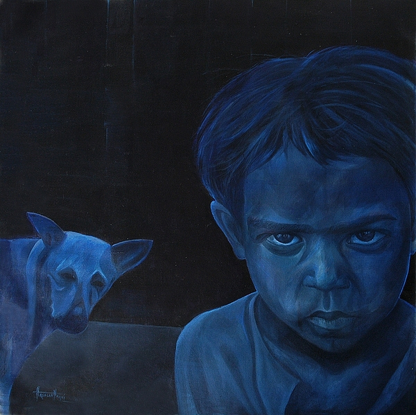 Sad Boy And Dog Print by Arsalan Naqvi - sad-boy-and-dog-arsalan-naqvi