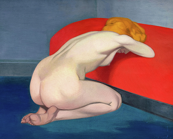 Naked Woman Kneeling In Front Of A Red Couch Femme Nue Agenouillee