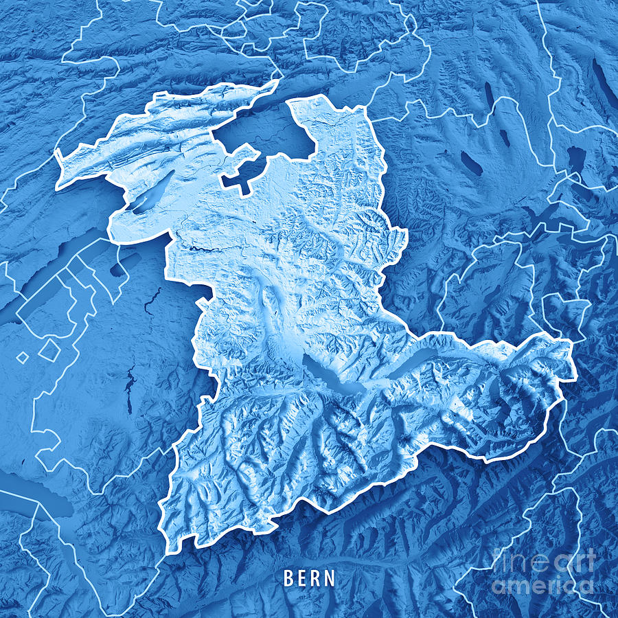 Bern Canton Switzerland D Render Topographic Map Blue Border Digital