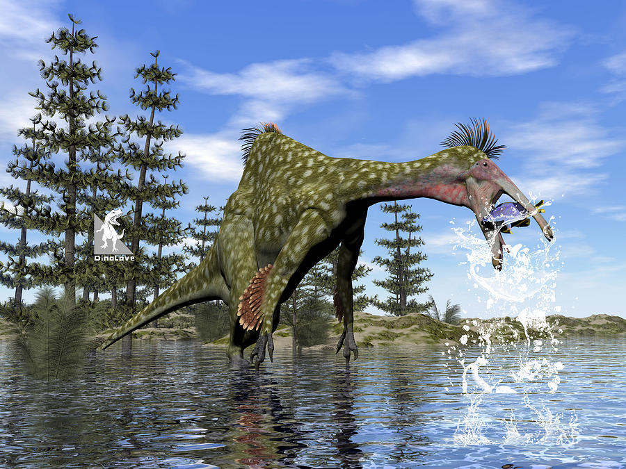 Deinocheirus Dinosaur Fishing 3D Render Digital Art By Elenarts