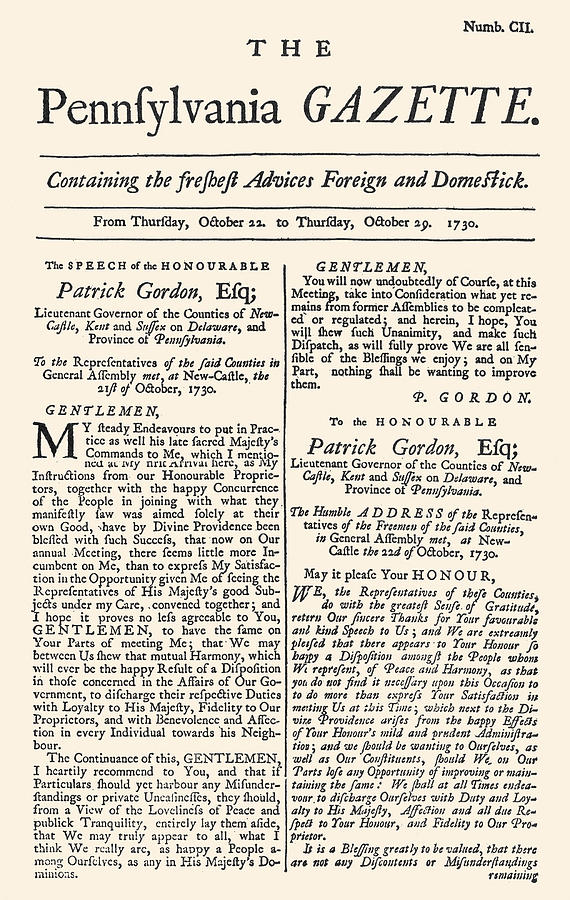Pennsylvania Gazette, 1730 Photograph by Granger