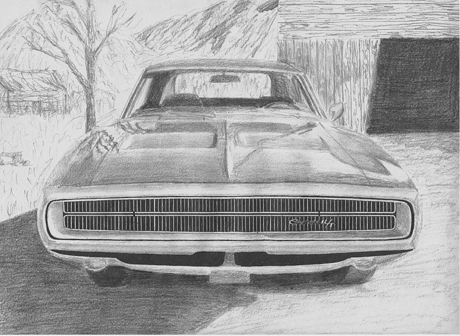 1970 Dodge Charger Rt Front View Muscle Car Art Print Drawing by