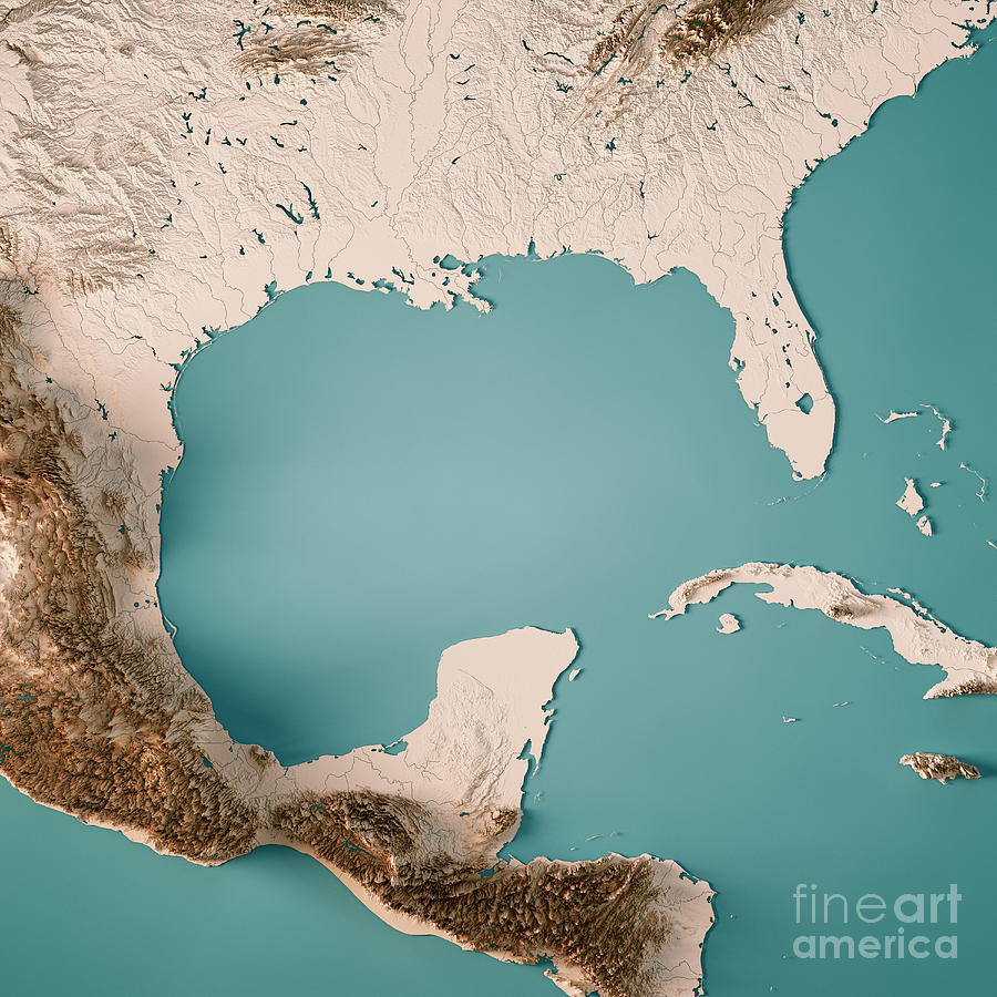 Gulf Of Mexico 3D Render Topographic Map Neutral Digital Art By Frank