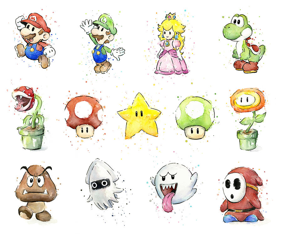 Mario Characters In Watercolor Painting by Olga Shvartsur