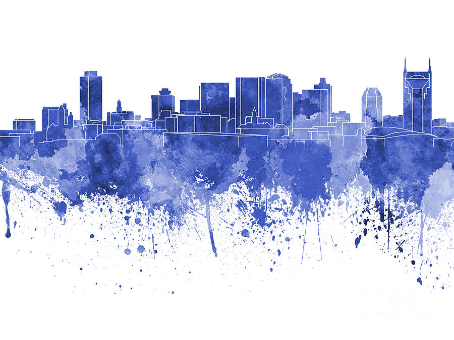 Nashville Skyline In Blue Watercolor On White Background Painting By