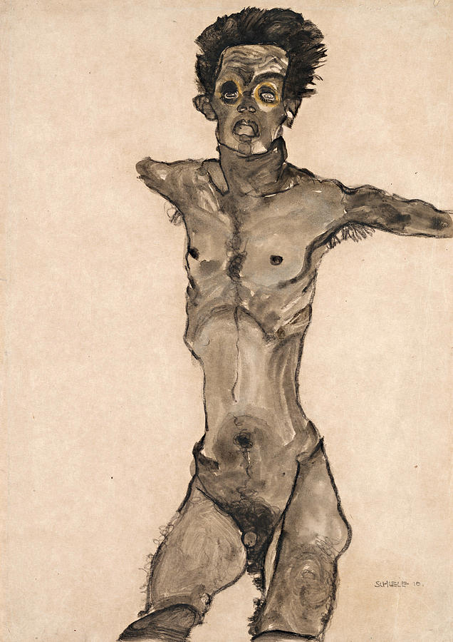 Nude Self Portrait In Gray With Open Mouth Painting By Egon Schiele