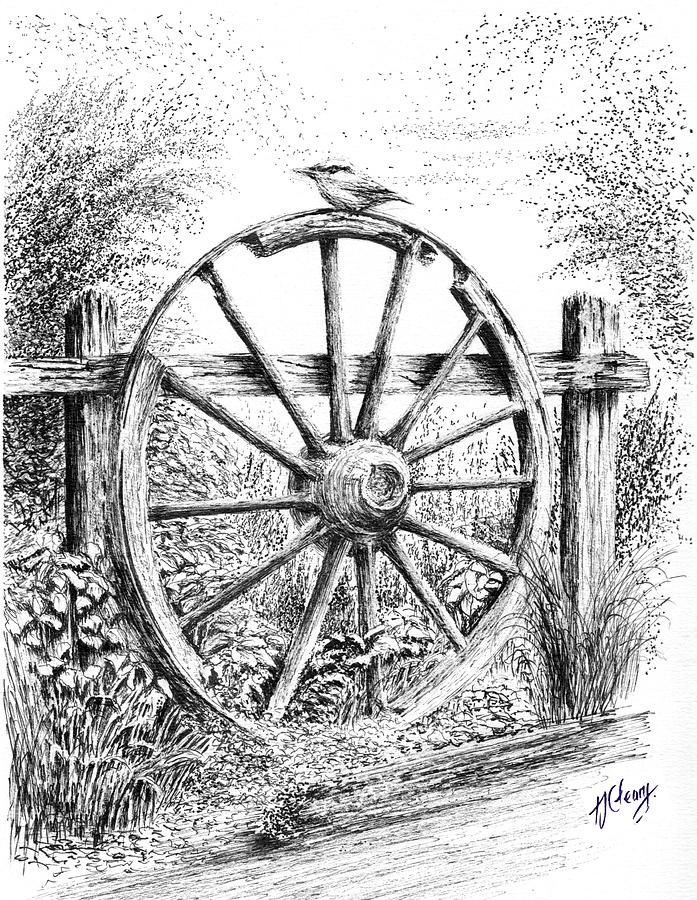 Old Wagon Wheel Drawing by Terence John Cleary