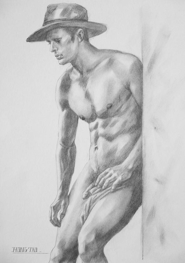 Original Charcoal Drawing Art Male Nude Cowboy On Paper