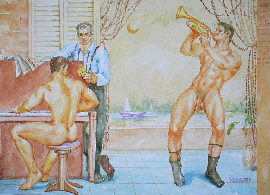 Original Watercolor Painting Art Male Nude Men Gay Interest Men Concert