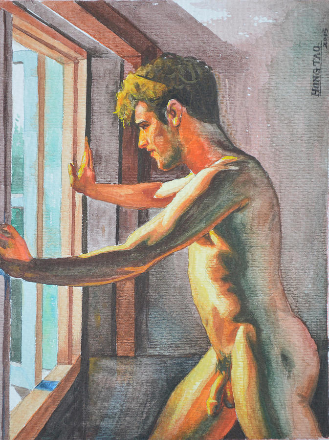 Original Watercolor Painting Man Body Art Male Nude Gay On Paper 069