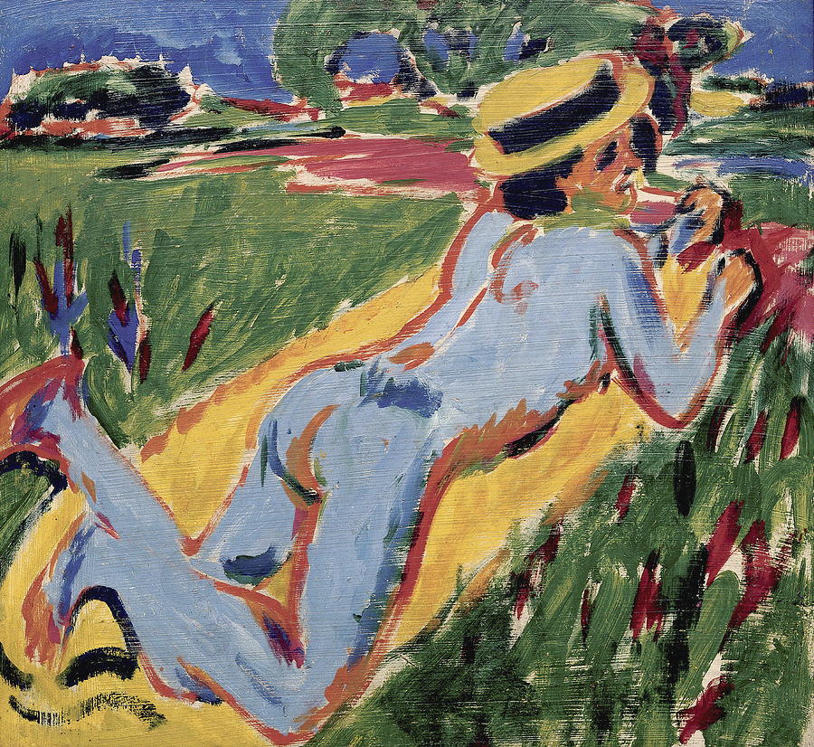 Reclining Nude In Blue With Straw Hat Painting By Ernst Ludwig Kirchner