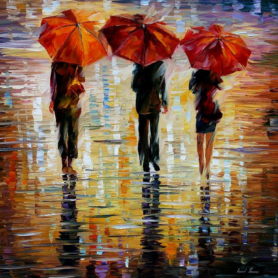 Three Red Umbrella Painting by Leonid Afremov