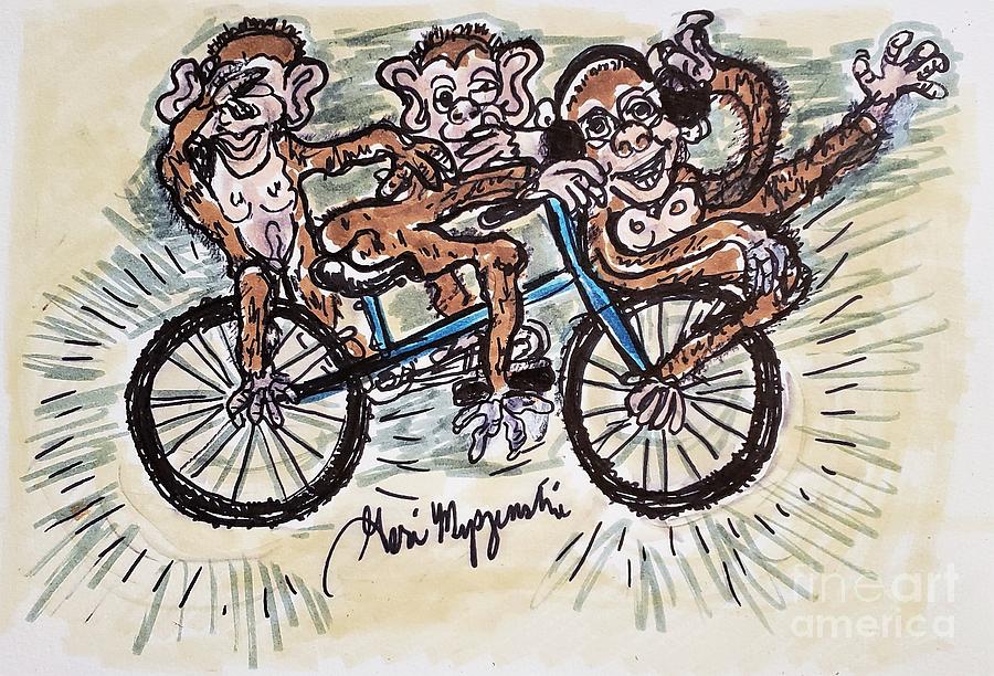 Three Wise Monkeys Biking Painting By Geraldine Myszenski Fine Art