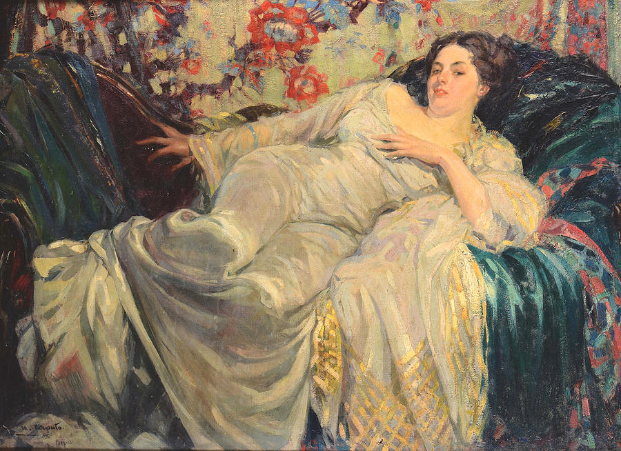 Woman Lying On Bed Painting