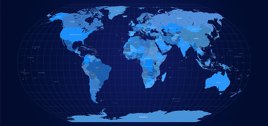 World Map In Blue Digital Art By Michael Tompsett
