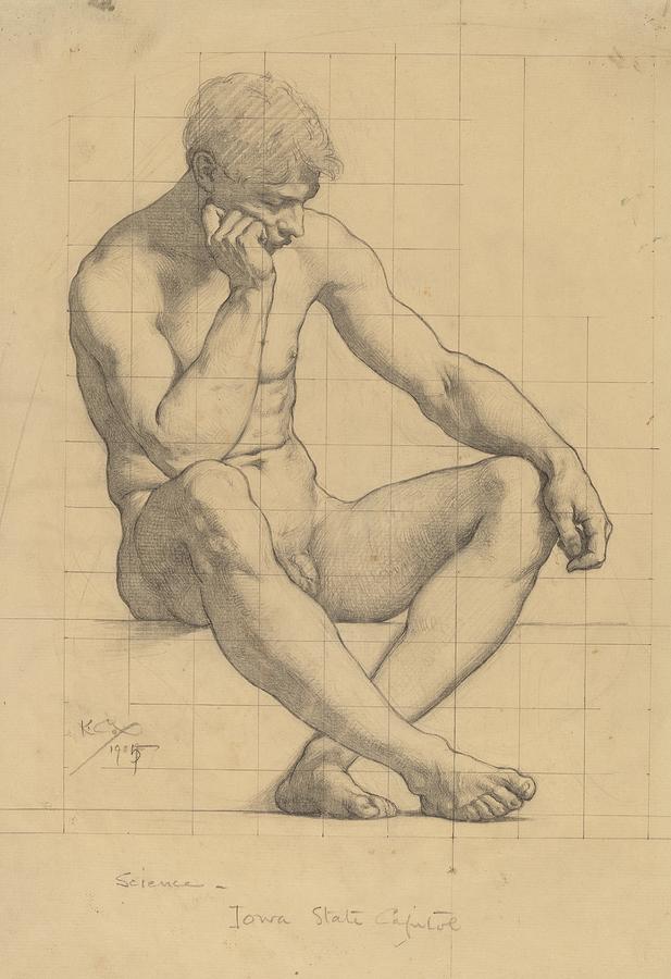 Seated Male Nude Study For Science Iowa State Capitol Drawing By