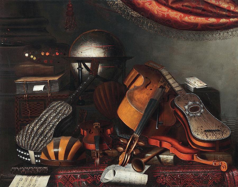 Still Life With Musical Instruments Books And Playing Cards Painting