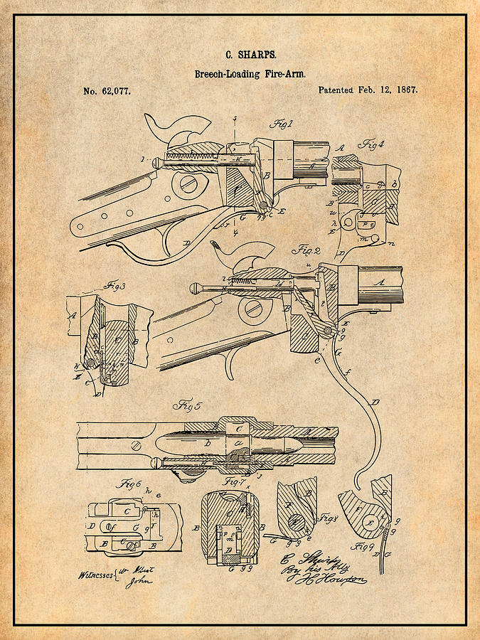 1867 Sharps Breech Loading Rifle Antique Paper Patent Print Drawing By