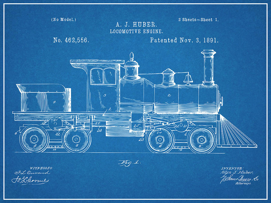 1891 Huber Locomotive Engine Blueprint Patent Print Drawing By Greg