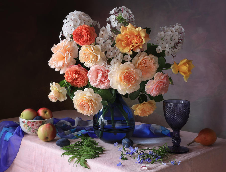 Still Life With A Bouquet Of Roses And Fruits Photograph By Tatyana