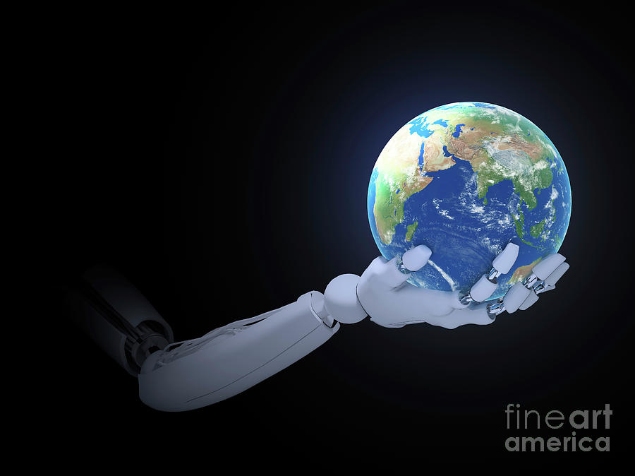 Android Hand Holding Earth Photograph By Andrzej Wojcicki Science Photo