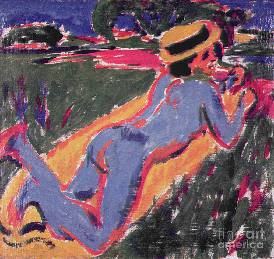 Blue Reclining Nude With A Straw Hat Painting By Ernst Ludwig