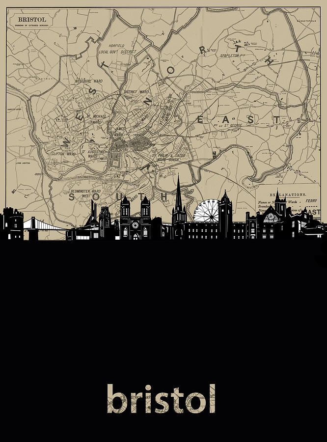 Bristol Skyline Map Digital Art By Bekim M