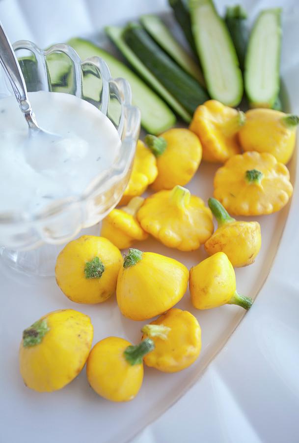 Halved Courgettes And Patty Pans With Yoghurt Dip Photograph By