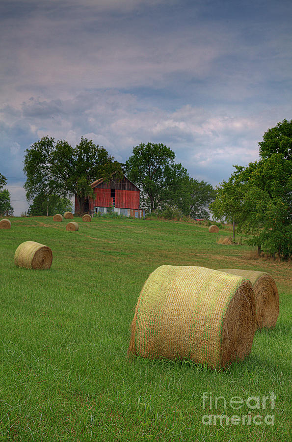 Hay Bales By A Red Barn Photograph By Larry Braun