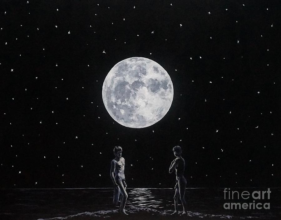 Nude Male Bathers Meet Up Under The Full Moon Painting By Christopher Shellhammer Fine Art America